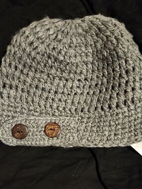 Cozy Gray Knit Women's Beanie with Decorative Wooden Buttons